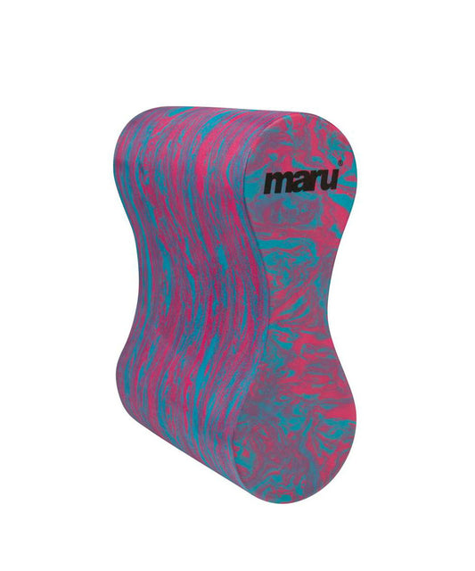 Maru Swim pull buoy with a pink and blue marbled design, featuring a contoured shape for comfortable positioning between the legs during swim training. Designed to help swimmers improve arm stroke and upper body technique.